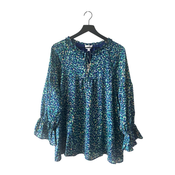 ANNIEWEAR Tops - AnnieWear Los Angeles Boho Chiffon Blouse L Blue Green Ikat Ruffle Sleeve